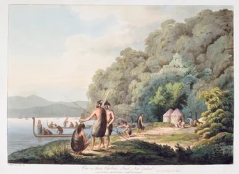 Ansicht von Queen Charlottes Sound, Neuseeland, aus Views in the South Seas, 1809